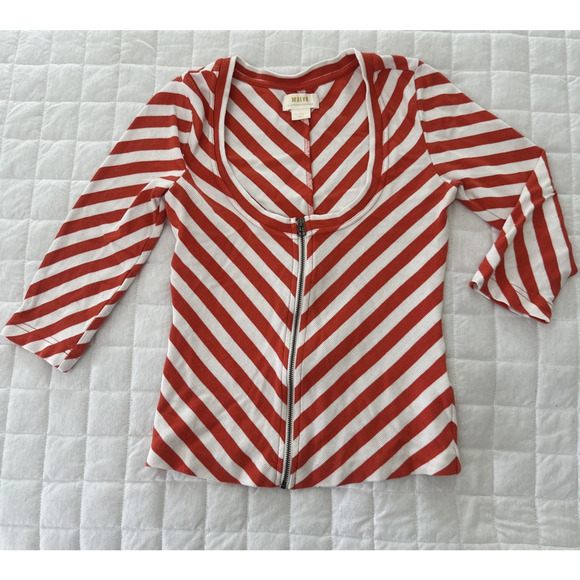 MAEVE ANTHROPOLOGIE Womens Top XXS Front Zip Scoop Neck Orange Striped Preppy - Picture 3 of 12